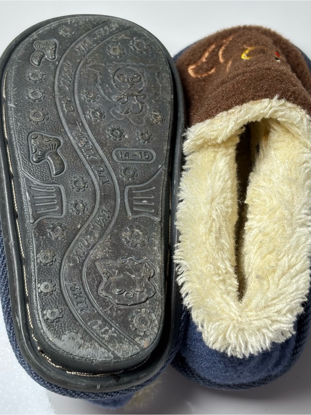 Puppy Dog Faux Fur Slippers Brown Vintage Retro Style Size 4-5 Navy Blue - Picture 6 of 9